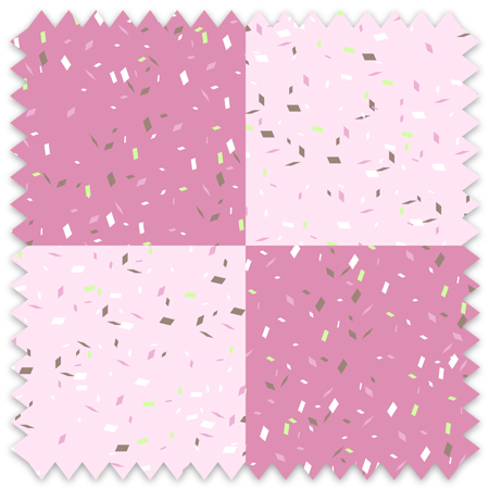 The artwork is a geometric pattern composed of alternating squares in two shades of pink. The squares form a checkerboard layout with a consistent arrangement across the entire piece. Each square is textured with small, scattered confetti-like specks in various colors, including white, red, yellow, and purple, adding a dynamic and festive element to the otherwise orderly grid pattern. The overall effect is a balanced interplay between structured form and playful detail.